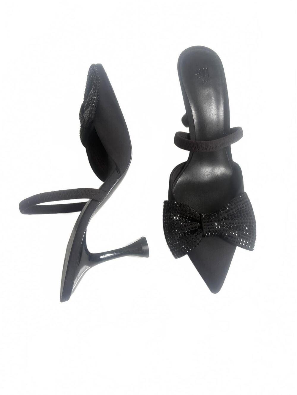 H&M | Black Pointy Toe‎ Rhinestone Bow Round Kitten Heels w/ Strap Size 8